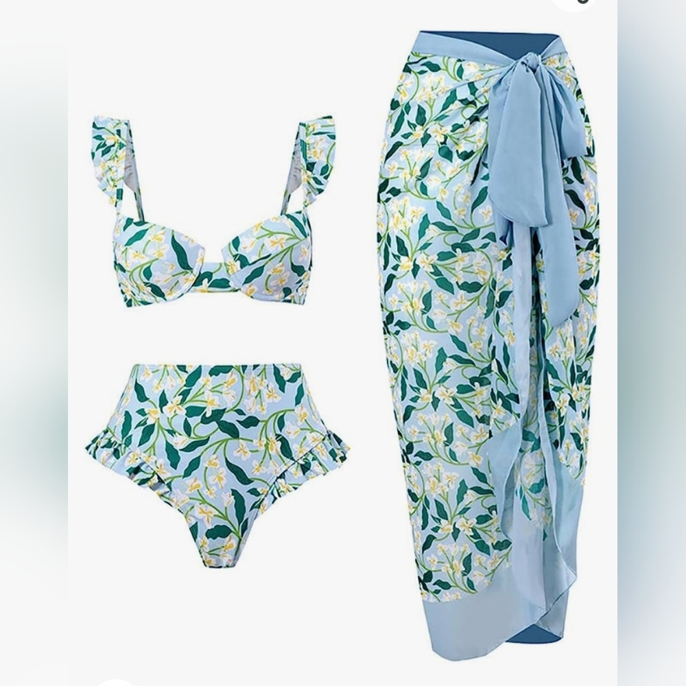 Floral Bikini Set with Coverup Long Wrap Skirt